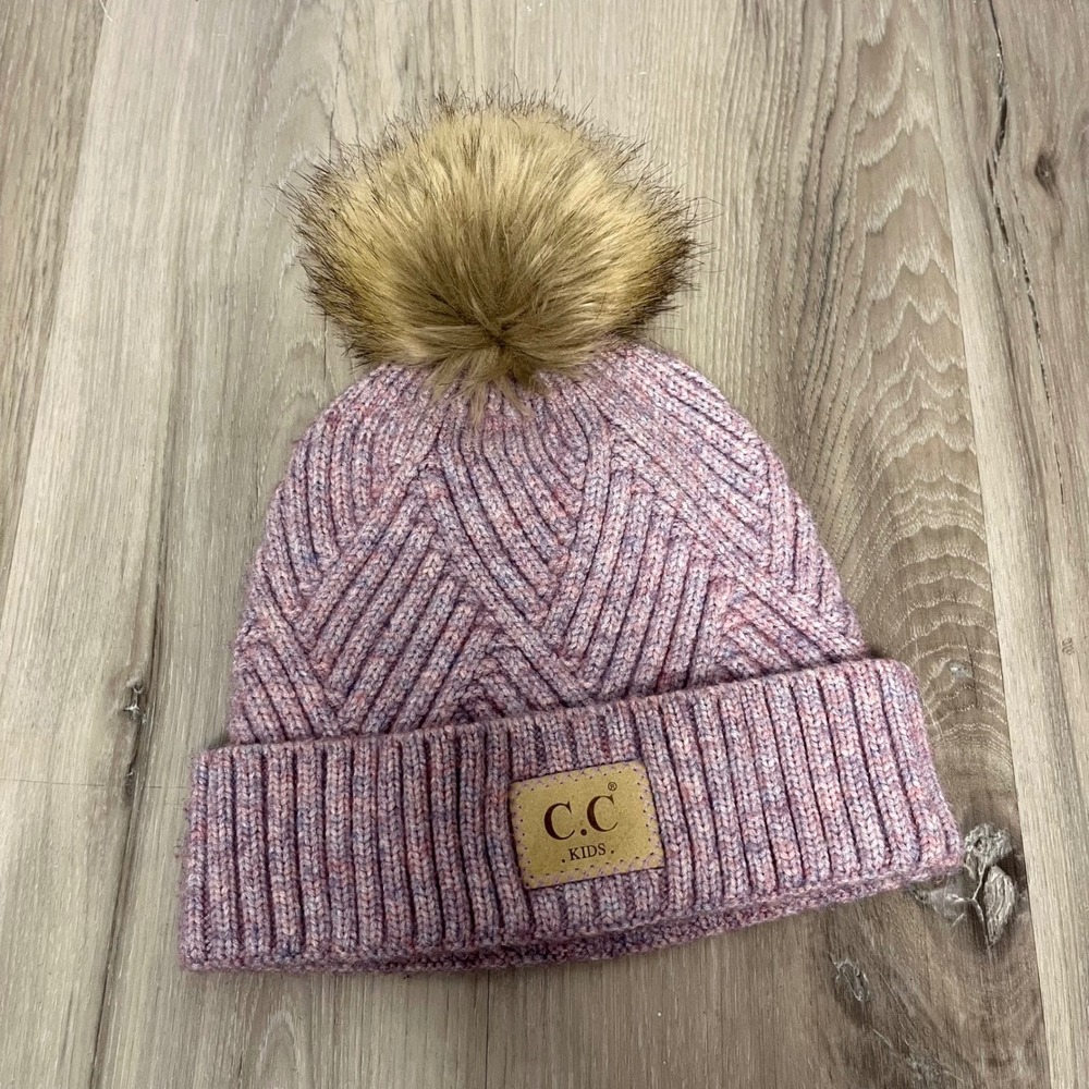C.C‎ Kids Pink-Purple Chevron Knit Faux Fur Pom Beanie Hat in Kids One Size